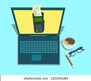 Online payment on computer vector illustration, flat cartoon big pay bill tax via credit card and laptop pc concept. Vector stock illustration.