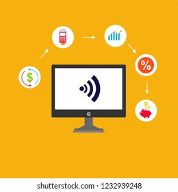 Online payment on computer vector illustration, flat cartoon big pay bill tax via credit card and laptop pc concept, financial accounting, electronic payment notification with digital receipt