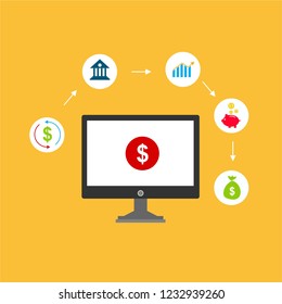 Online payment on computer vector illustration, flat cartoon big pay bill tax via credit card and laptop pc concept, financial accounting, electronic payment notification with digital receipt
