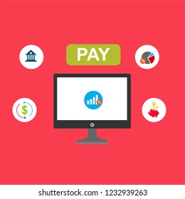 Online payment on computer vector illustration, flat cartoon big pay bill tax via credit card and laptop pc concept, financial accounting, electronic payment notification with digital receipt