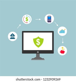 Online payment on computer vector illustration, flat cartoon big pay bill tax via credit card and laptop pc concept, financial accounting, electronic payment notification with digital receipt