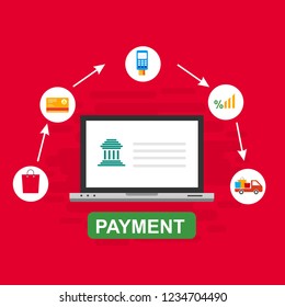 Online payment on computer vector illustration, flat cartoon big pay bill tax via credit card and laptop pc concept, financial accounting, electronic payment notification with digital receipt