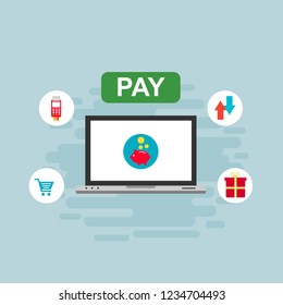 Online payment on computer vector illustration, flat cartoon big pay bill tax via credit card and laptop pc concept, financial accounting, electronic payment notification with digital receipt