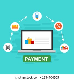 Online payment on computer vector illustration, flat cartoon big pay bill tax via credit card and laptop pc concept, financial accounting, electronic payment notification with digital receipt