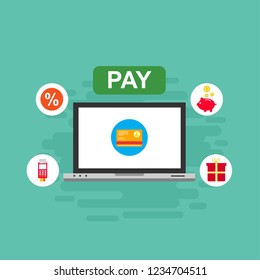 Online payment on computer vector illustration, flat cartoon big pay bill tax via credit card and laptop pc concept, financial accounting, electronic payment notification with digital receipt
