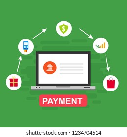 Online payment on computer vector illustration, flat cartoon big pay bill tax via credit card and laptop pc concept, financial accounting, electronic payment notification with digital receipt