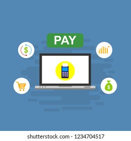 Online payment on computer vector illustration, flat cartoon big pay bill tax via credit card and laptop pc concept, financial accounting, electronic payment notification with digital receipt