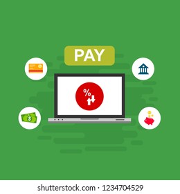 Online payment on computer vector illustration, flat cartoon big pay bill tax via credit card and laptop pc concept, financial accounting, electronic payment notification with digital receipt