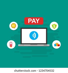 Online payment on computer vector illustration, flat cartoon big pay bill tax via credit card and laptop pc concept, financial accounting, electronic payment notification with digital receipt