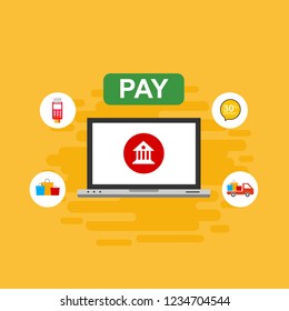 Online payment on computer vector illustration, flat cartoon big pay bill tax via credit card and laptop pc concept, financial accounting, electronic payment notification with digital receipt