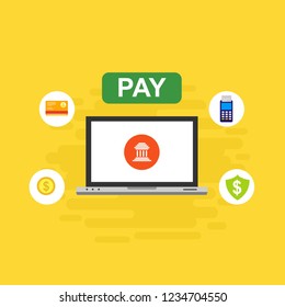 Online payment on computer vector illustration, flat cartoon big pay bill tax via credit card and laptop pc concept, financial accounting, electronic payment notification with digital receipt