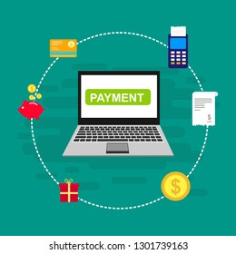 Online payment on computer vector illustration, flat cartoon big pay bill tax via credit card and laptop pc concept, financial accounting, electronic payment notification with digital receipt - Vector