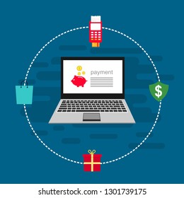 Online payment on computer vector illustration, flat cartoon big pay bill tax via credit card and laptop pc concept, financial accounting, electronic payment notification with digital receipt - Vector