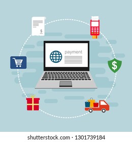 Online payment on computer vector illustration, flat cartoon big pay bill tax via credit card and laptop pc concept, financial accounting, electronic payment notification with digital receipt - Vector