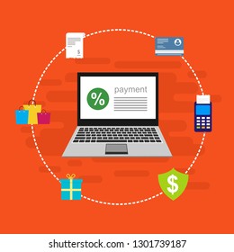 Online payment on computer vector illustration, flat cartoon big pay bill tax via credit card and laptop pc concept, financial accounting, electronic payment notification with digital receipt - Vector