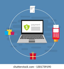 Online payment on computer vector illustration, flat cartoon big pay bill tax via credit card and laptop pc concept, financial accounting, electronic payment notification with digital receipt - Vector