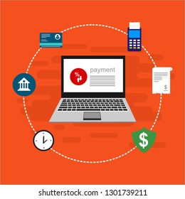 Online payment on computer vector illustration, flat cartoon big pay bill tax via credit card and laptop pc concept, financial accounting, electronic payment notification with digital receipt - Vector