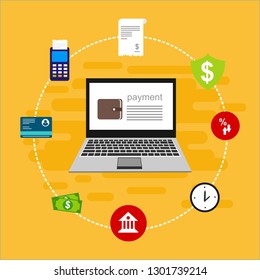 Online payment on computer vector illustration, flat cartoon big pay bill tax via credit card and laptop pc concept, financial accounting, electronic payment notification with digital receipt - Vector