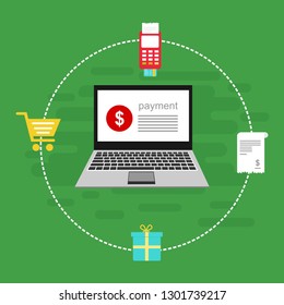 Online payment on computer vector illustration, flat cartoon big pay bill tax via credit card and laptop pc concept, financial accounting, electronic payment notification with digital receipt - Vector
