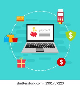 Online payment on computer vector illustration, flat cartoon big pay bill tax via credit card and laptop pc concept, financial accounting, electronic payment notification with digital receipt - Vector