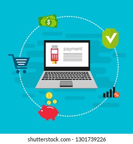 Online payment on computer vector illustration, flat cartoon big pay bill tax via credit card and laptop pc concept, financial accounting, electronic payment notification with digital receipt - Vector