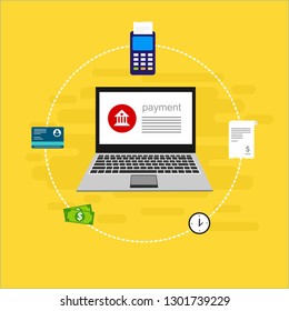 Online payment on computer vector illustration, flat cartoon big pay bill tax via credit card and laptop pc concept, financial accounting, electronic payment notification with digital receipt - Vector