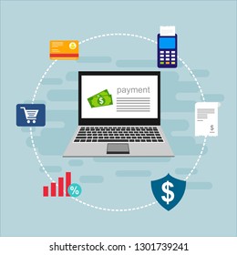 Online payment on computer vector illustration, flat cartoon big pay bill tax via credit card and laptop pc concept, financial accounting, electronic payment notification with digital receipt - Vector