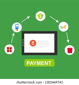 Online payment on computer vector illustration, flat cartoon big pay bill tax via credit card and laptop pc concept, financial accounting, electronic payment notification with digital receipt