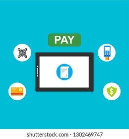 Online payment on computer vector illustration, flat cartoon big pay bill tax via credit card and laptop pc concept, financial accounting, electronic payment notification with digital receipt