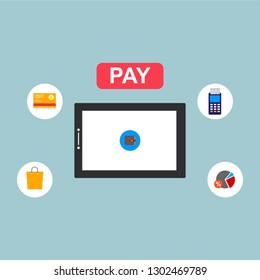 Online payment on computer vector illustration, flat cartoon big pay bill tax via credit card and laptop pc concept, financial accounting, electronic payment notification with digital receipt