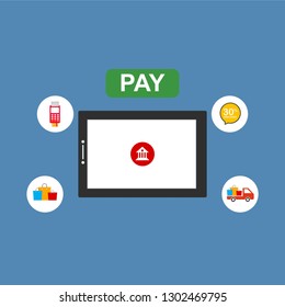 Online payment on computer vector illustration, flat cartoon big pay bill tax via credit card and laptop pc concept, financial accounting, electronic payment notification with digital receipt