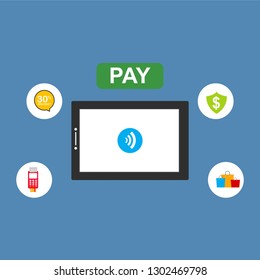 Online payment on computer vector illustration, flat cartoon big pay bill tax via credit card and laptop pc concept, financial accounting, electronic payment notification with digital receipt