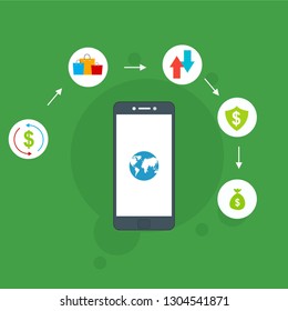 Online payment on computer vector illustration, flat cartoon big pay bill tax via credit card and smartphone concept, financial accounting, electronic payment notification with digital receipt