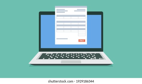 online payment on laptop computer concept with electronic receipt or financial transaction, flat vector illustration	
