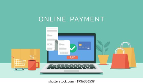 online payment on laptop computer with electronic receipt or financial transaction and credit card concept, flat design vector illustration