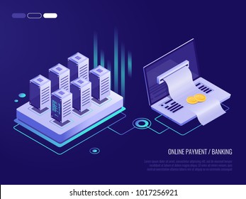 Online payment on laptop , large bill for payment coming out of the screen from the laptop.?oncept of transaction records in the database.3d Isometric style