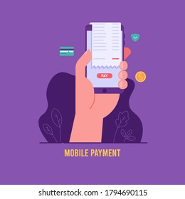 Online Payment On Mobile Phone With Credit Card, Check. Hand Holds Phone. Concept Of Secure Payment, Transfer Money, Pay Online. Vector Illustration For UI, Web Banner, Mobile App