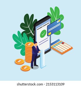Online Payment on mobile phone isometric 3d vector illustration concept for banner, website, illustration, landing page, flyer, etc.
