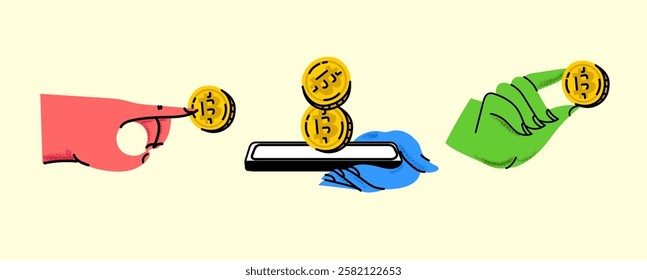 Online payment on online money or cryptocurrency transfer or currency exchange concept with hands and golden bitcoin. Minimalistic vector illustration