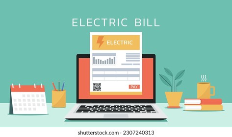 online payment on schedule date with electricity bill on laptop screen, flat vector illustration