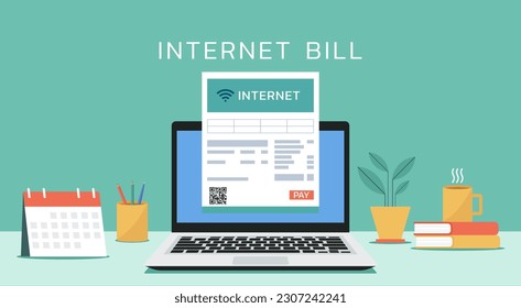 online payment on schedule date with internet bill on laptop screen, flat vector illustration