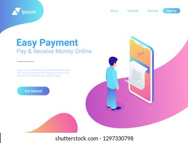 Pago en línea en la ilustración isométrica plana vectorial 3d del smartphone. Hombre paga por banco móvil. Enorme recibo impreso en pantalla telefónica. Plantilla de aplicación web de servicios de financiación por Internet y de aplicaciones bancarias