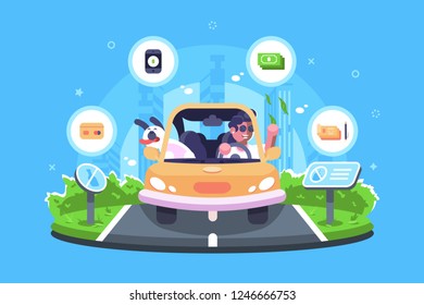 Online payment on the trip vector illustration. Boy travelling with dog by car and making e-payments using credit card smartphone check or cash flat style design. Signs do not litter on road