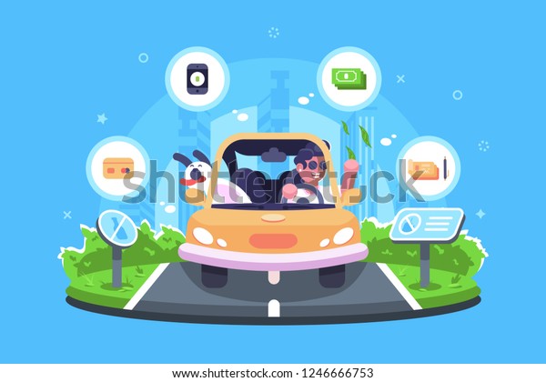 Online payment on the trip vector illustration. Boy\
travelling with dog by car and making e-payments using credit card\
smartphone check or cash flat style design. Signs do not litter on\
road