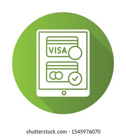 Online payment option green flat design long shadow glyph icon. Internet banking, e commerce. Secure financial transaction. Internet application pay method. Vector silhouette illustration