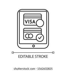 Online payment option linear icon. Internet banking. Customer paying for goods. Financial transaction. Thin line illustration. Contour symbol. Vector isolated outline drawing. Editable stroke