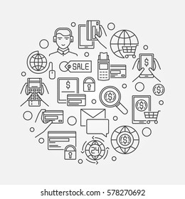 Ilustración del esquema de pago en línea. Símbolo de banca móvil circular de vectores. Pago en línea fino a través de móvil, ordenador, signo de concepto de Internet