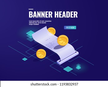 Online payment, paper receipt isometric icon vector, tax with coin, money transaction concept, technology for money accounting dark neon illustration