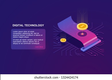 Online payment, paper receipt isometric icon vector, tax with coin, money transaction concept, technology for money accounting dark neon illustration