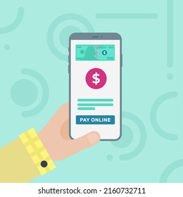 Online Payment, Pay with Card Design Concept with Businessman Hand Holding a Smart phone with Online Payment on Screen, Button. Web banner, Hero images. Flat Vector illustration